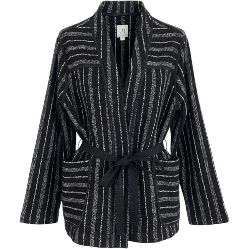 Gap Midi Wrap Coat Women M Black Striped Wool Blend Tie Waist Pockets Jacket